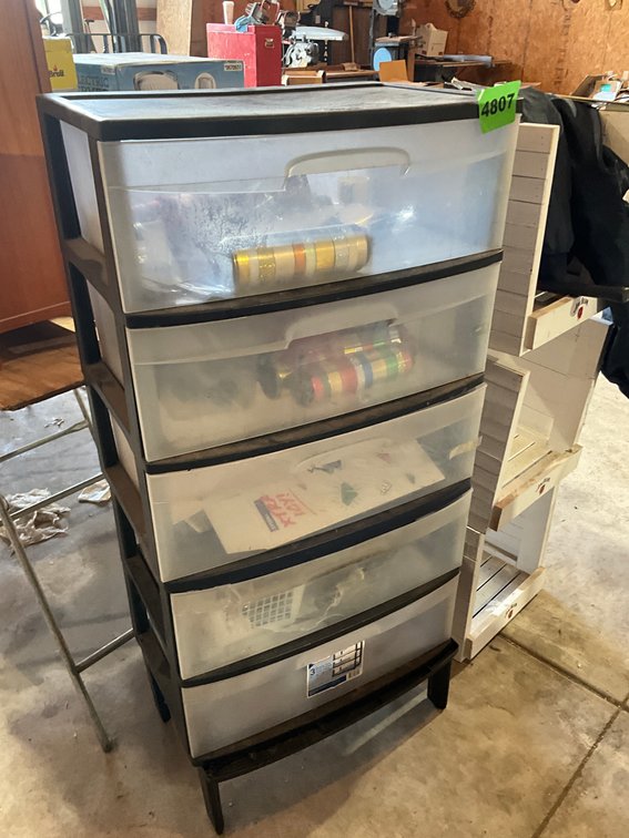 5 Drawer Plastic Shelf W/ Contents