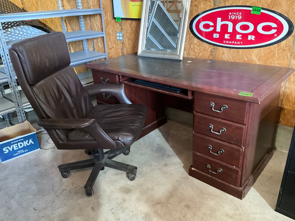 Wooden Desk 30" X 64" X 30" & Leather Chair