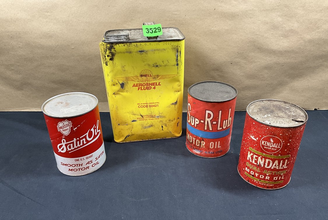 Four Assorted Vintage Oil Cans: Satinoil, Sup-R-Lub, Kendall Oil, Aershell Fluid