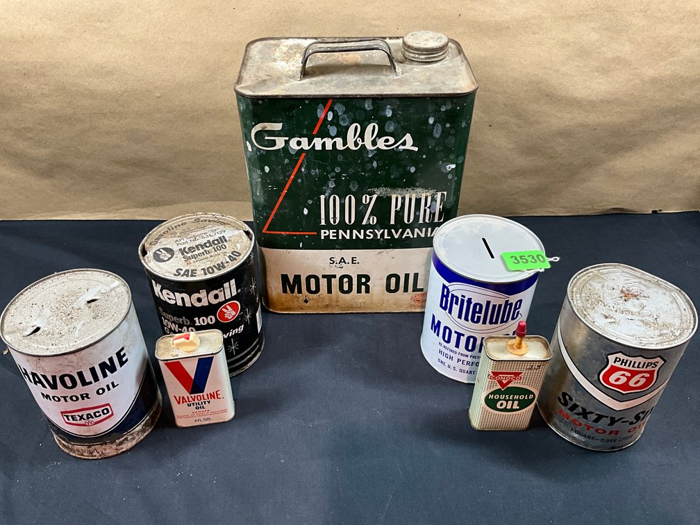7 Assorted Vintage Oil Cans: Gambles Motor Oil Two Gallon Can, Kendall Oil Can 1 Quart, Havoline Oil Quart, Phillips 66 Oil Quart, Britelube Oil Quart, Valvoline Utility Oil 40 Oz Can, Conoco 40 Oz Can
