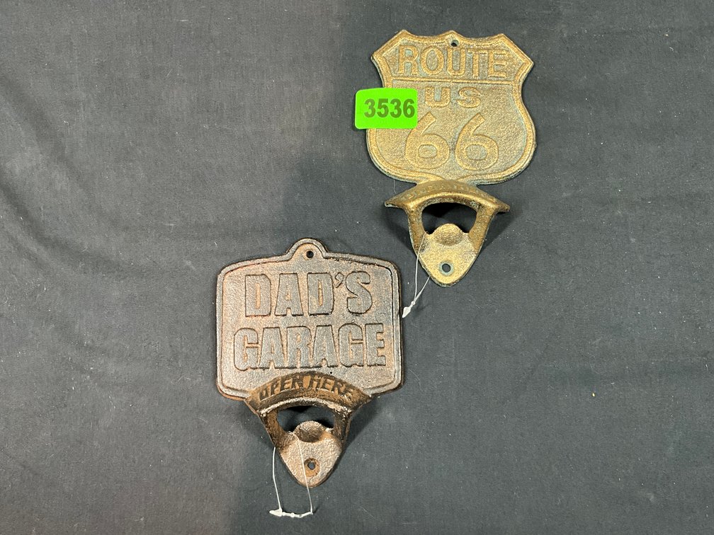 Two Cast Iron Pop Openers, 1 Dad's Garage & 1 Route US 66