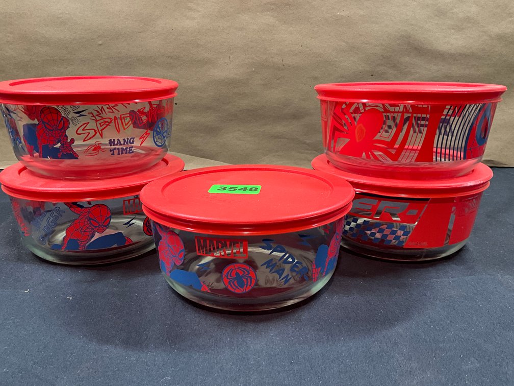 5 Spider Man Pyrex Bowls  w/ Lids