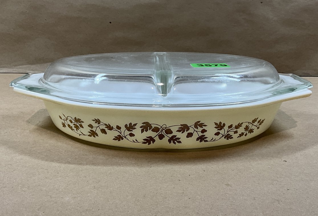 1 Pyrex Golden Acorn Divided Casserole Dish With Lid