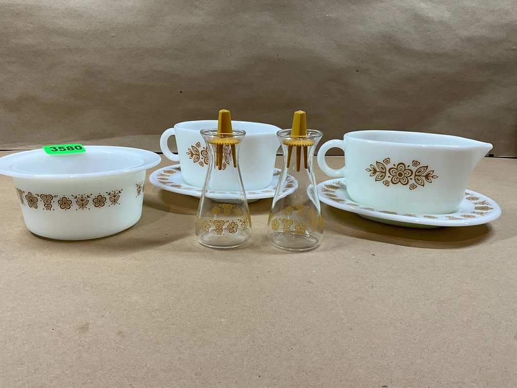 5 Pcs Of Butterfly Gold Pyrex: 1 Round Butter Tub, 2 Gravy Boats & 2 Oil Cruets