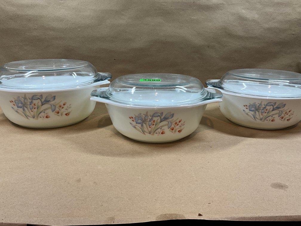 3 Pyrex Covered Casserole Dishes With Blue Iris Design