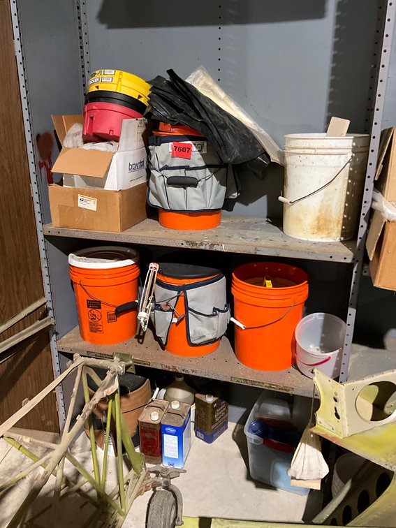 5 Buckets & Contents w/ Trays-Nails, Screws, Plastic Bags, Coleman Fuel, Tupperware Containers
