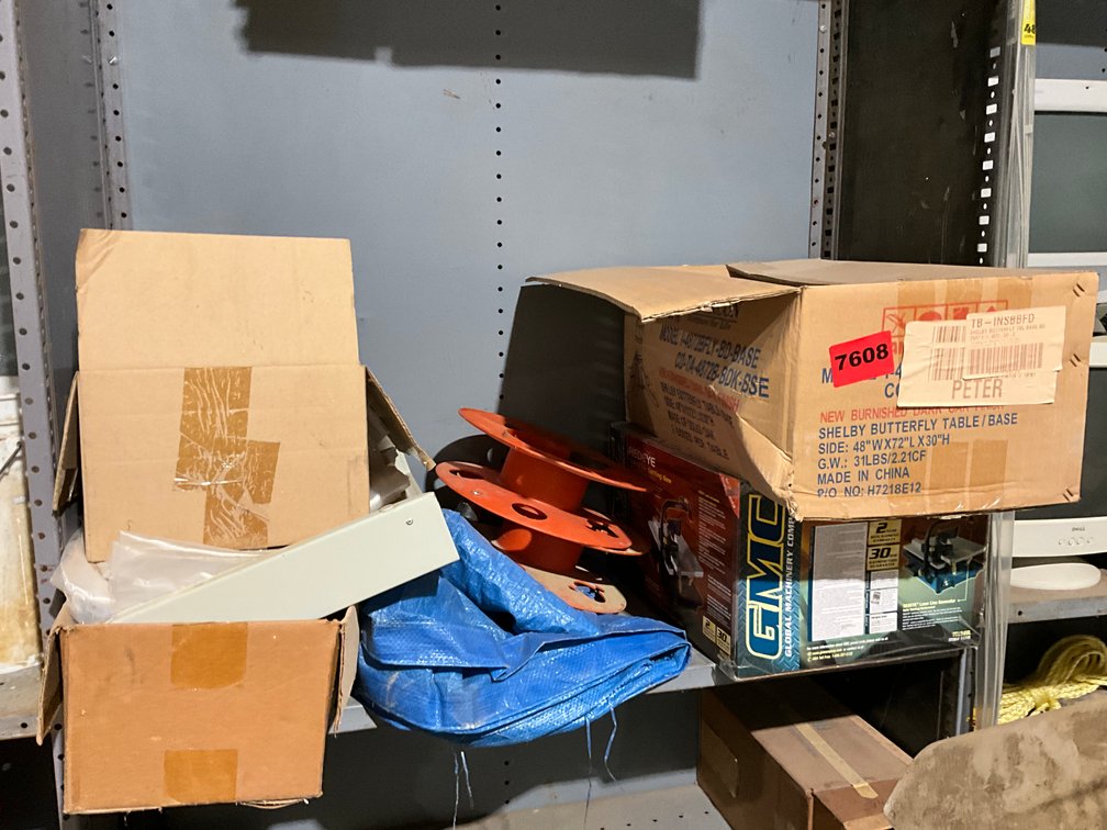 Contents of Shelf - Tarp, Plastic, Masking Tape, Plastic Tubs, Etc.
