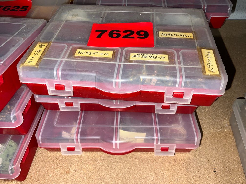 3 Red Organizers w/ Aircraft Fasteners, Bolts, Washers, Nuts, Etc