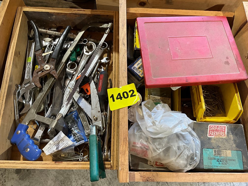2 Boxes Misc Tools, Nails, Screws, Tap & Die Set