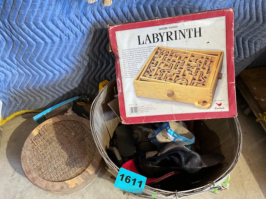 Vintage Wooden Basket, Caps, Light Bulbs, Solid Wood Labyrinth