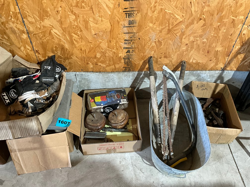 4 Boxes Soft Balls, Batting Gloves, Metal Tub of Yard Tools