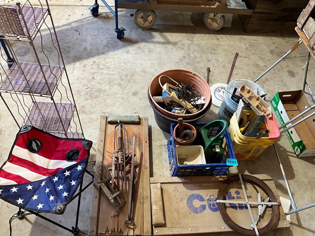 Large Planters, Tubs of Concrete Tools, Creepers, Mole Traps, Metal Sewer Snake, Foldable Seat, 4 Shelf Metal Rack