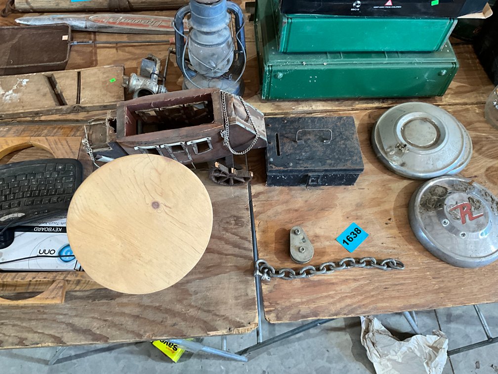 2 Computer Key Boards, Hanging Wood Shelf, Small Wood Table, Antique Stage Coach, Metal Cash Box, 3 Chrome Hub Caps