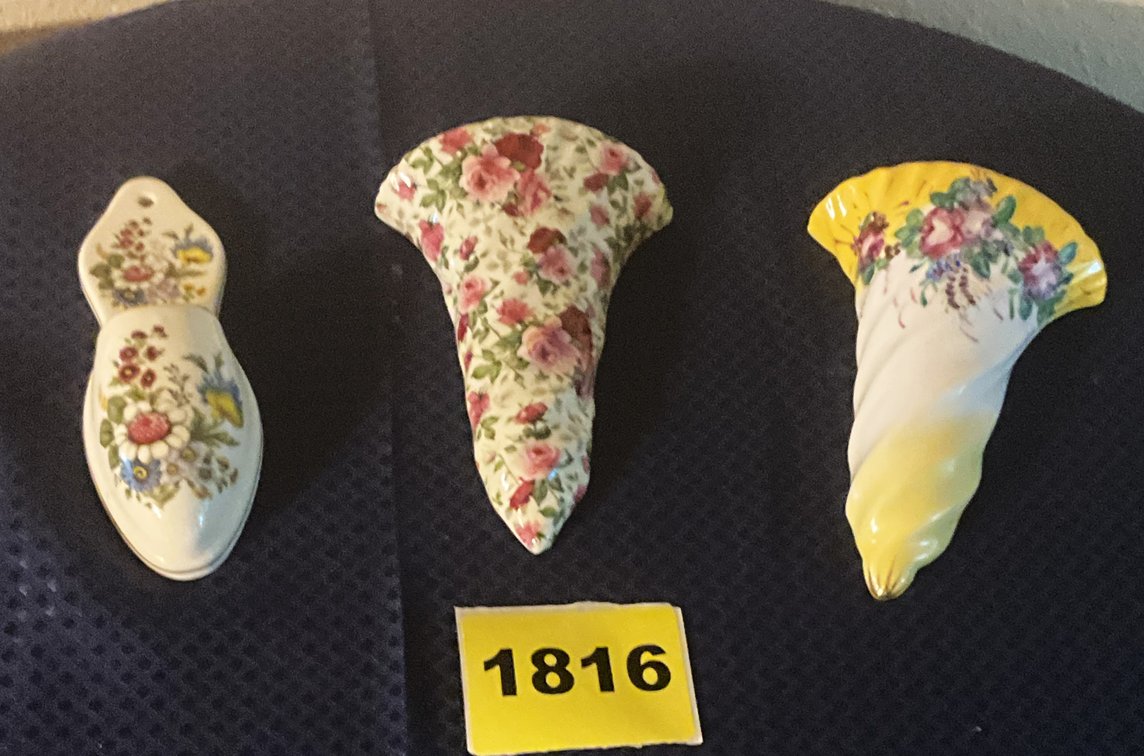3 Pcs Vintage Ceramic Wall Pockets w/ Floral Designs