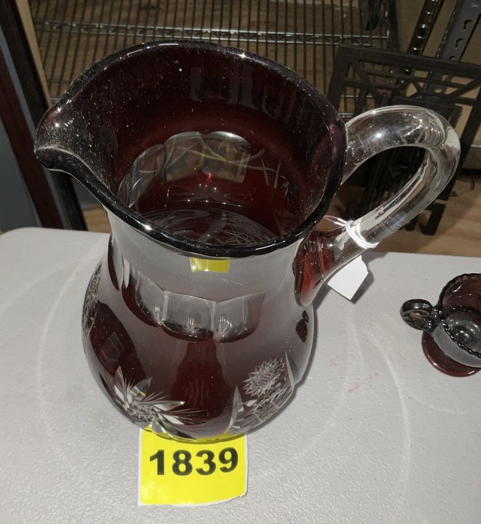 Pitcher-Red on Clear Cut Glass