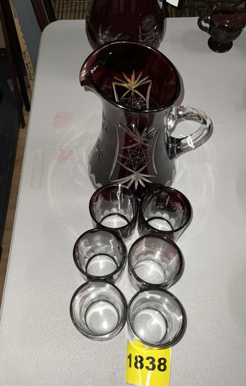 Pitcher & Glasses-Red on Clear Cut Glass