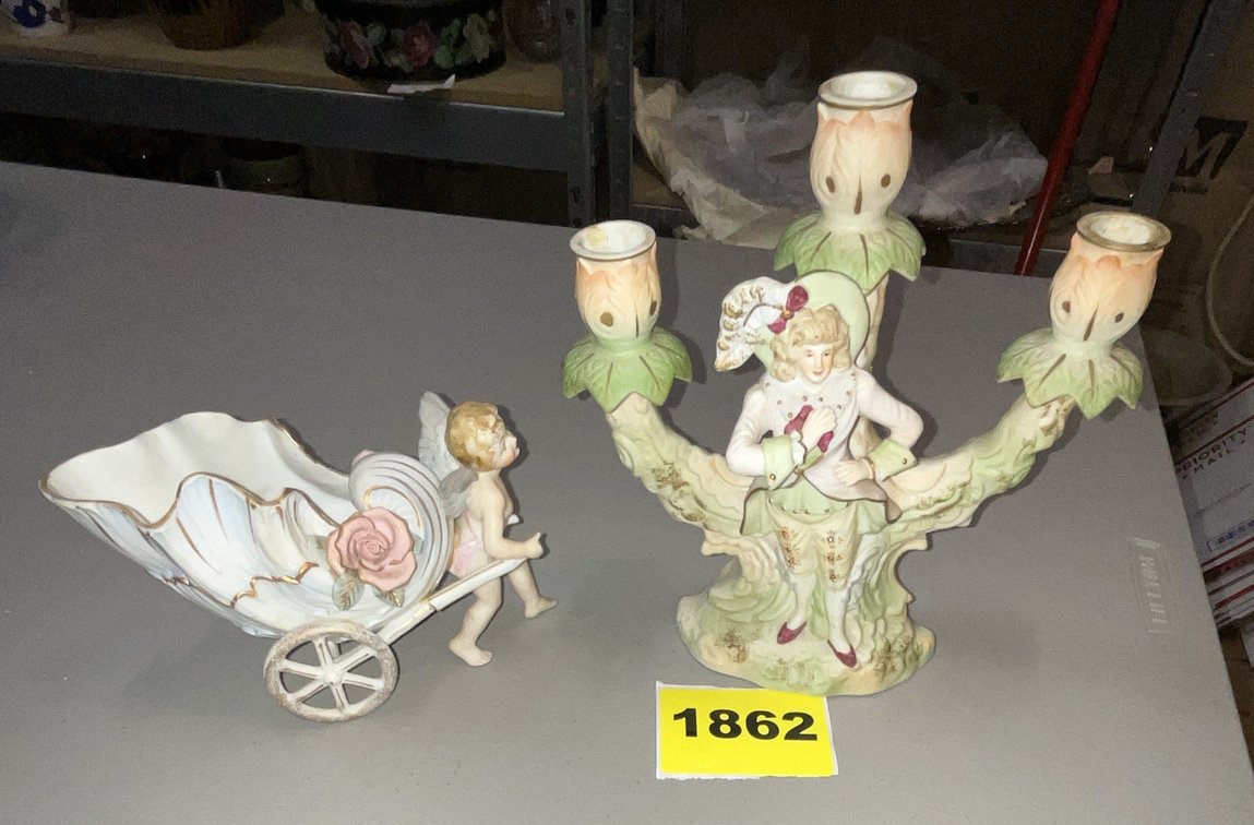 Cherub Pulling Shell Chariot & French Style Candelabra
