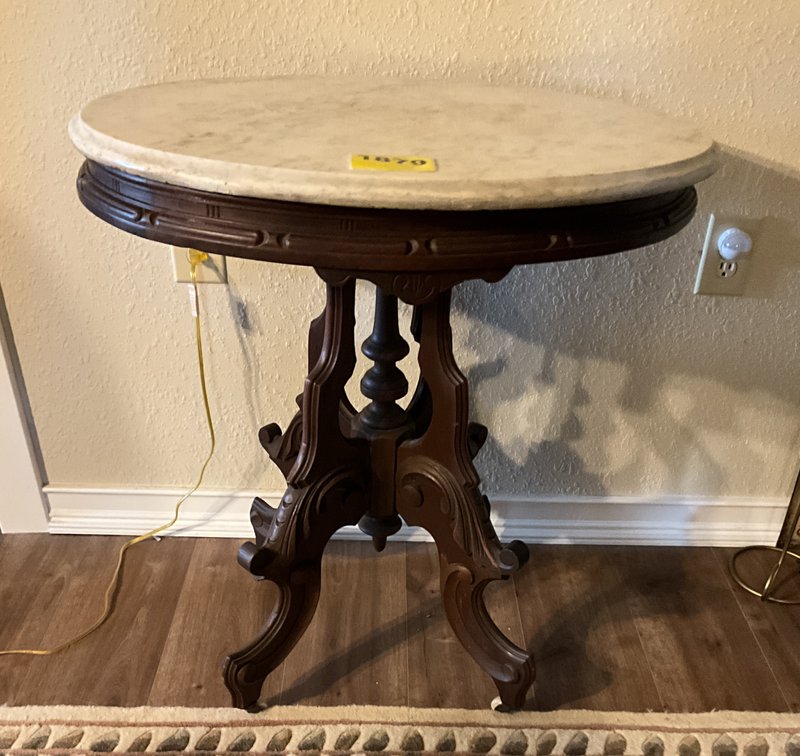 Round Wooden Side Table w/ Stone Top
