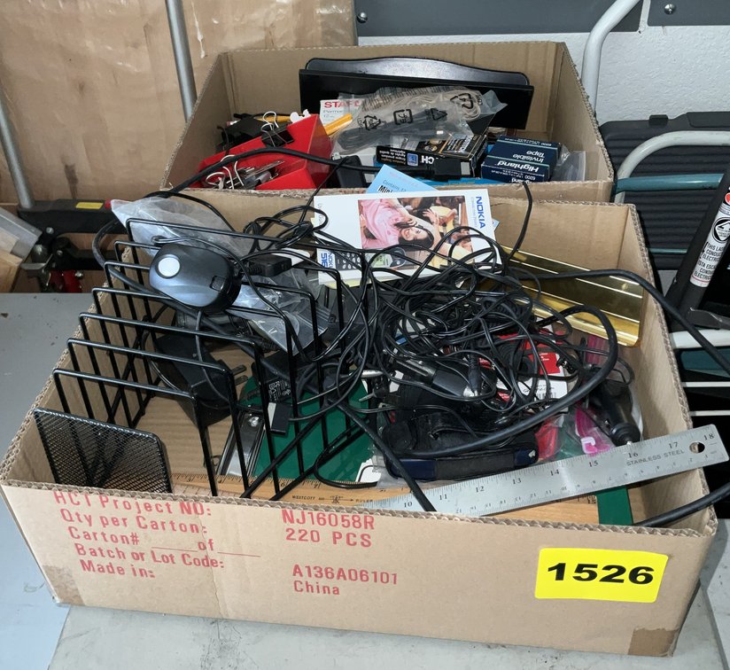 2 Boxes Assorted Electronics/cables And Office Supplies