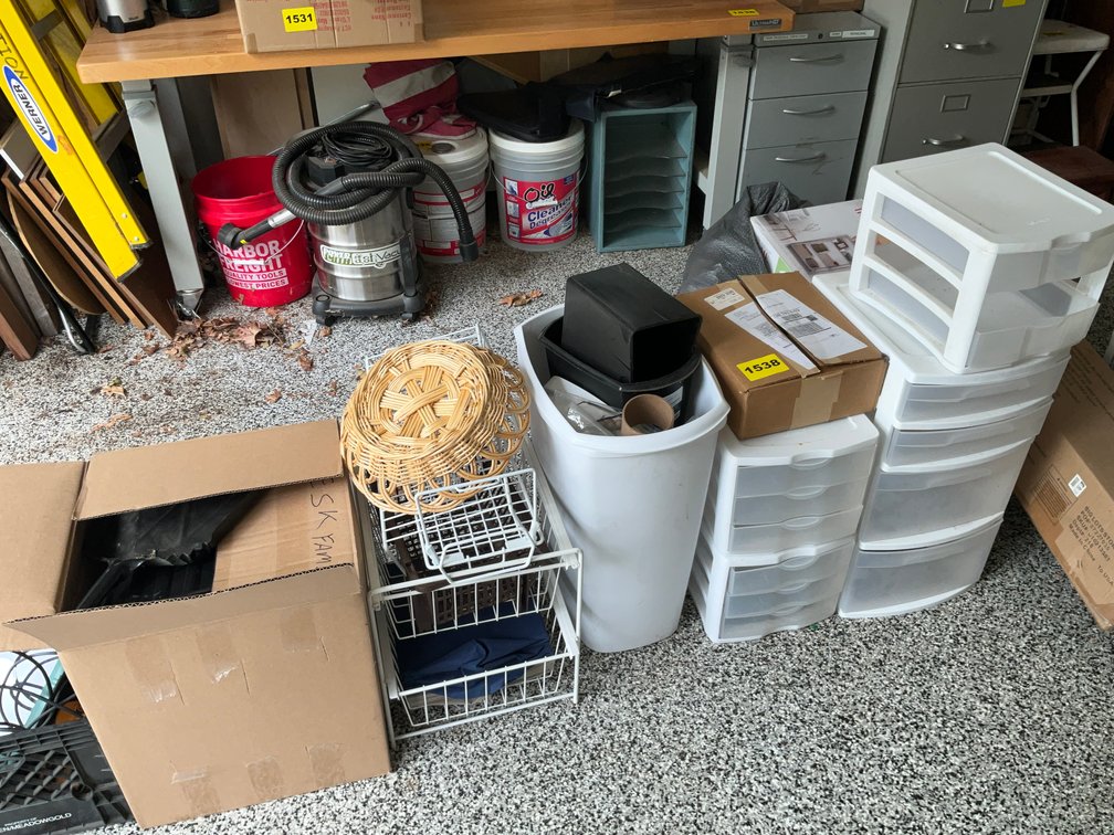 Contents Ryobi Batteries, Office Supplies, Trash Cans, Sterilite Storage Bins, Ect