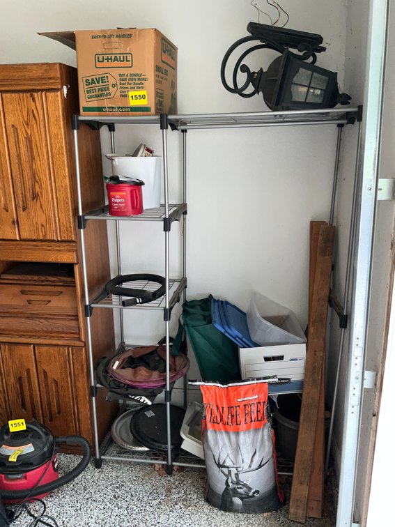 Contents In Corner, Outside House Lights, New Bag Of Deer Corn, Shelving Unit