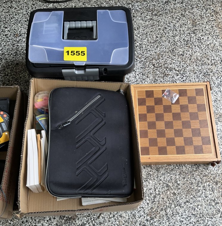 2 Boxes Misc Office Supplies, Wood Game Box Checkers Ect, Sterilite Folder Case