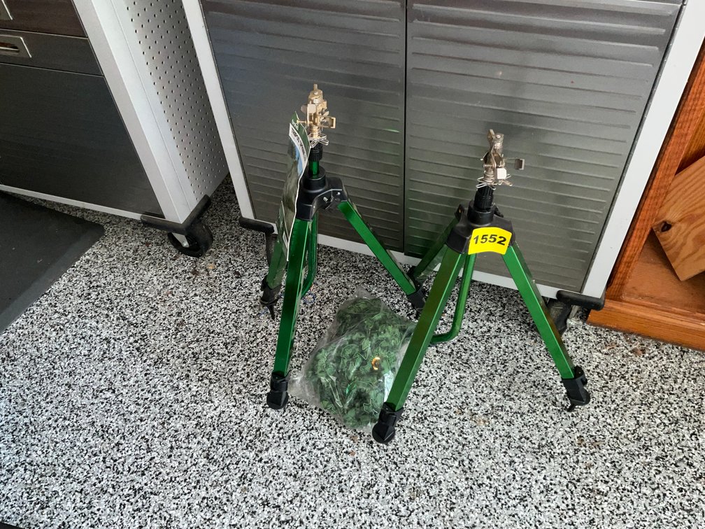 2 New Bond Tripod Lawn Sprinklers & Water Hose