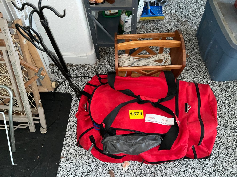 Assorted Travel Bags, Magazine Rack, Fireplace Tools