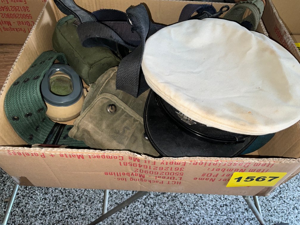 Box Of Military Items, Usn Cap, Airman's Head Gear, Canteen, Ect