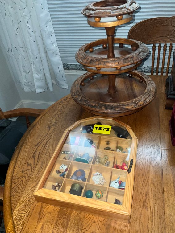 Miniature Display Box With Miniatures And 3 Tier Wood Carved Lazy Susan