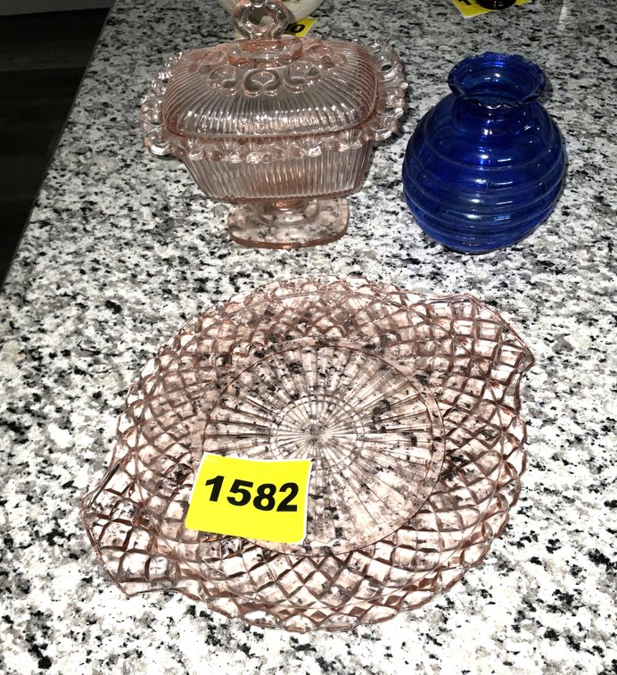 2 PCS Pink Depression Style 1-NUT Dish 1-CANDY Dish 1-BLUE Vase