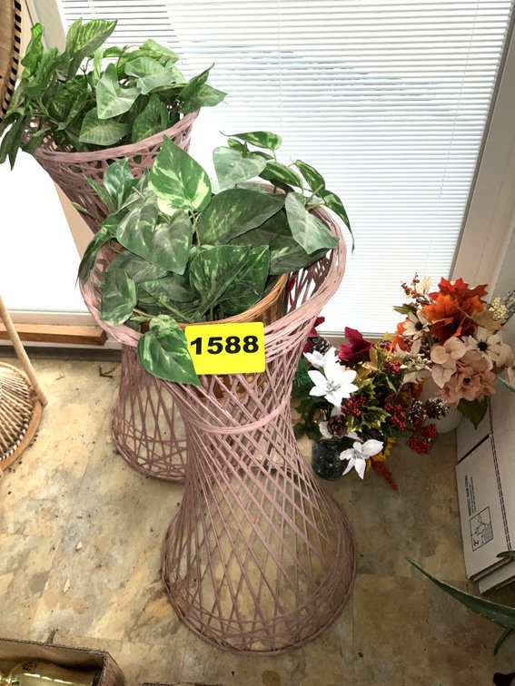 2 Pink Rattan Plant Stands & Silk Flowers On Floor