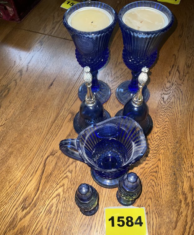 7PCS Crystal Point Blue Glass Small Pitcher, Pr Salt & Pepper Shakers, 2 Bells, Pr Candle Stands