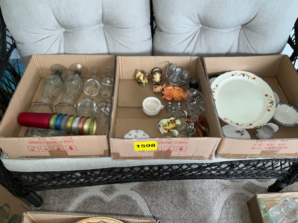 3 Boxes & Contents, Salt And Pepper Shakers, Drinking Glasses, Ect
