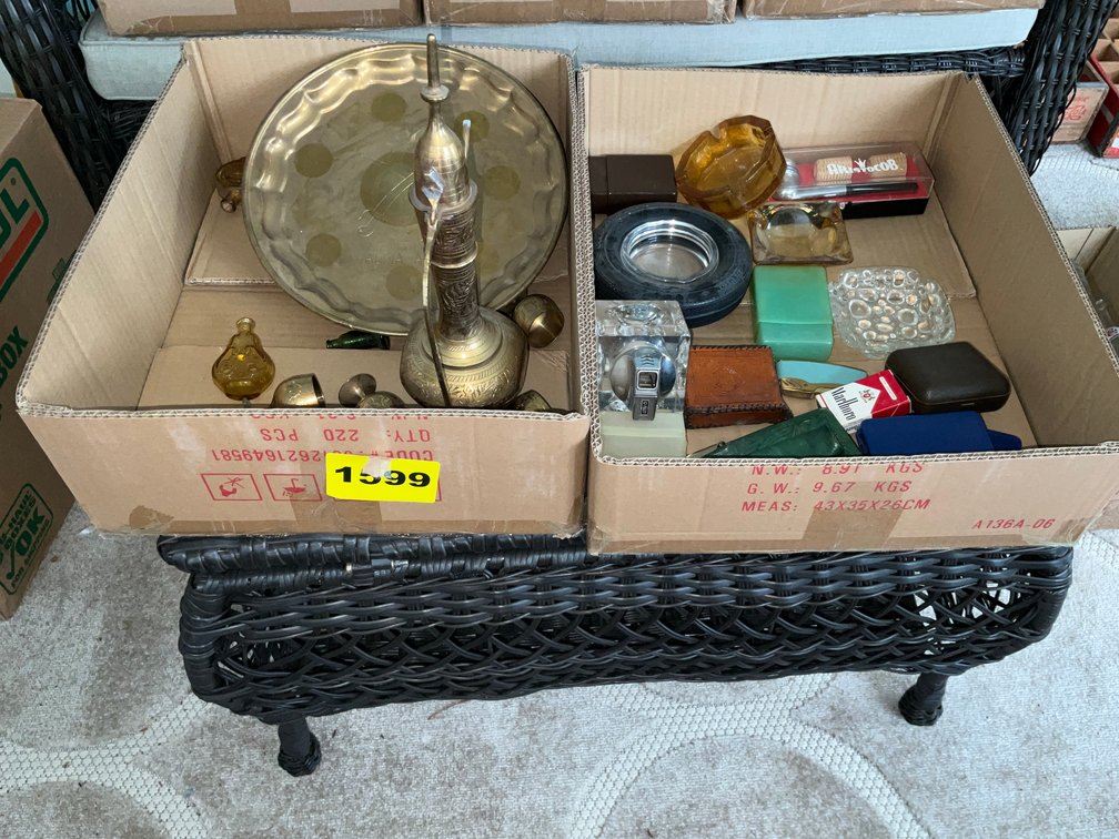 2 Boxes And Contents Bitter Style Bottles, Brass Saudi Arabia Tray & Brass India Tea Service, Ashtrays, Lighters, Ect