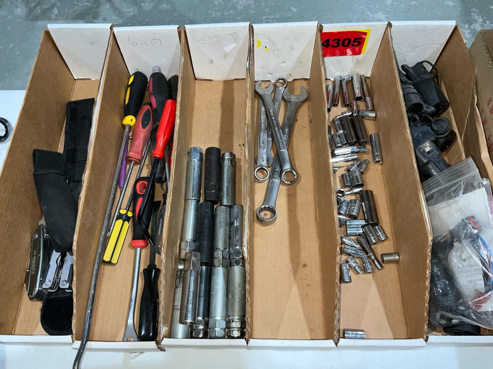6 Boxes Assorted Tools, Trailer Jack, Misc.