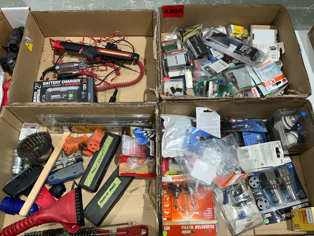 4 Boxes Assorted Lights, Connectors, New 2D Battery Charger