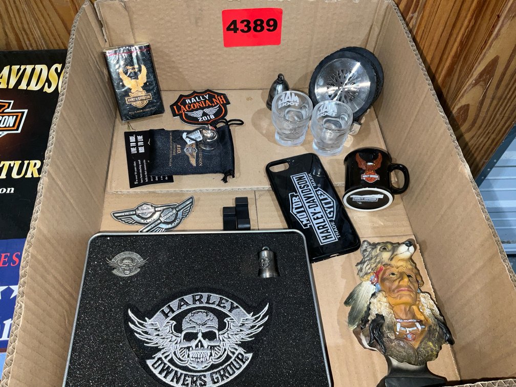 1 Box Assorted Harley Davidson Items, Mac Tools Shots Glasses