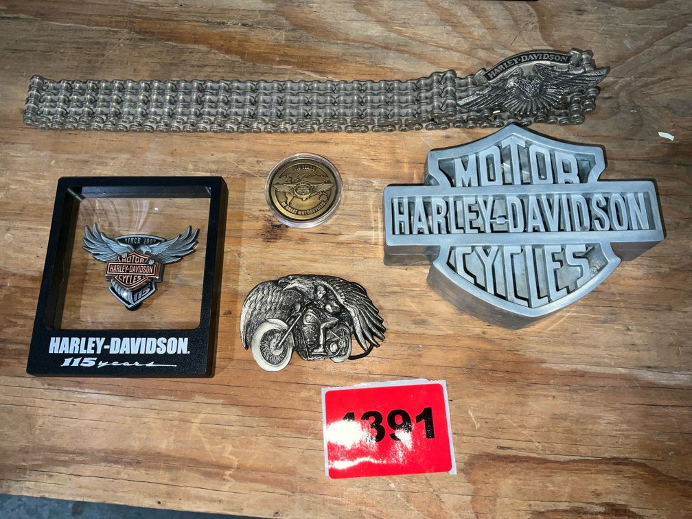 5 Pc. Harley Belt Buckle, 115 Year Pin, 110 Year Coin Aluminum Dish