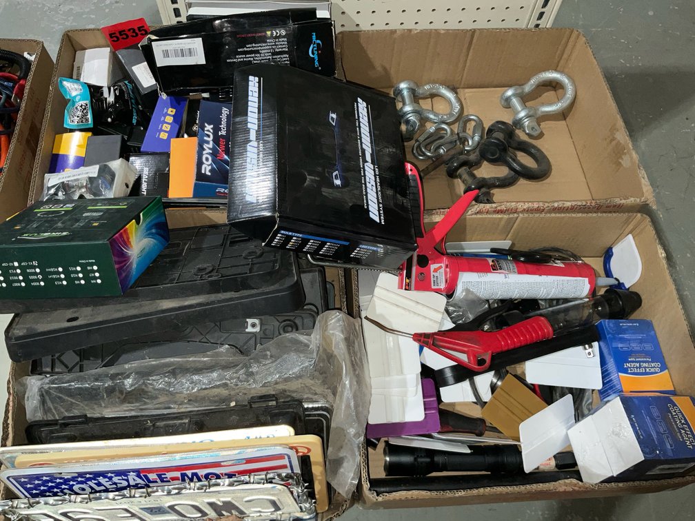 4 Boxes Assorted Applicators, Air Nozzles, Tire Inflators, Hand Lights