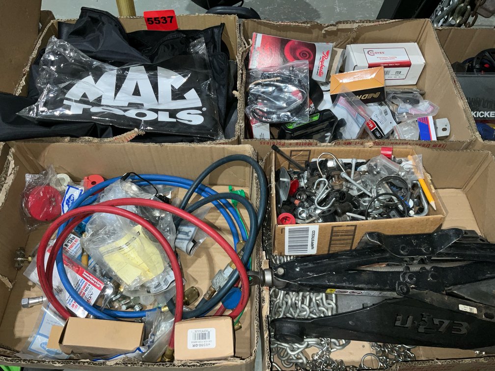 4 Boxes Assorted AC Flush Hoses And Gauges, Fender Protectors, Sensors