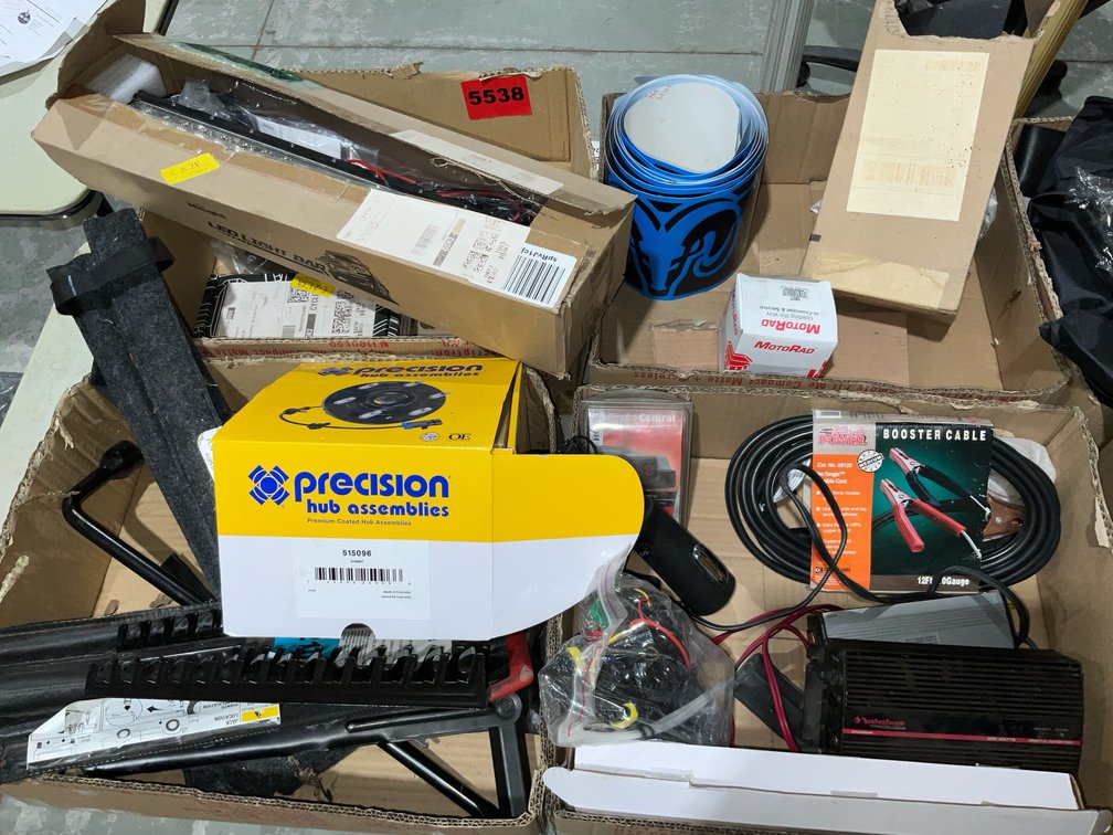 4 Boxes Power Inverter, Jumper Cables, LED Light Bar, Assorted Jack Parts