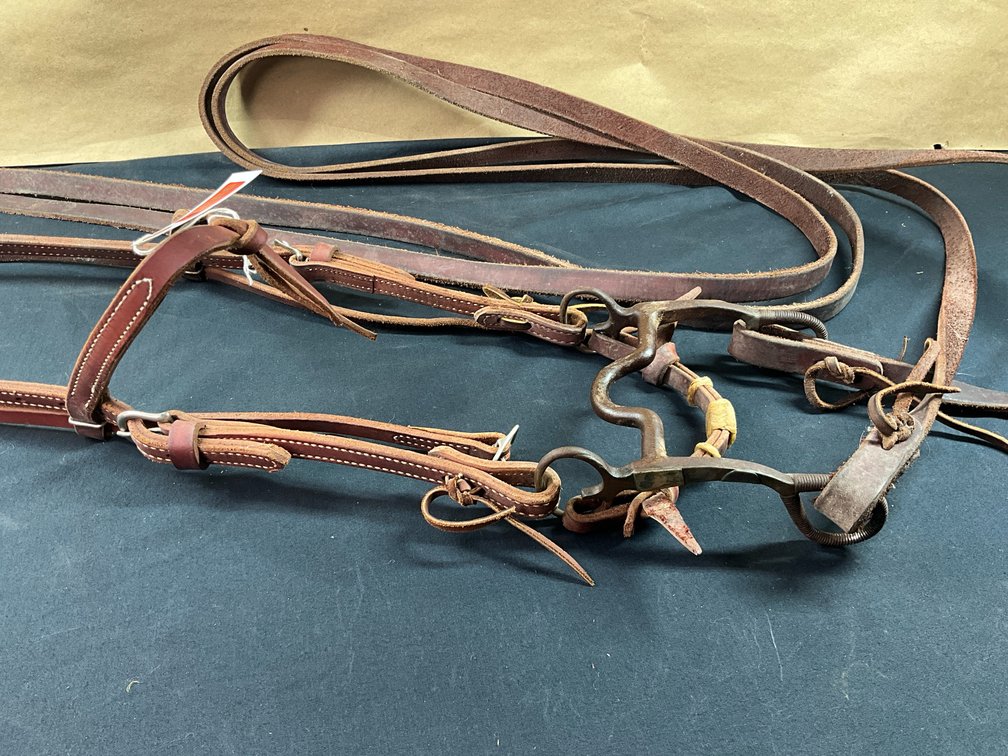 Maker Unknown Medium Port Solid Shanked Bit With Leather Headstall And Leather Split Reins