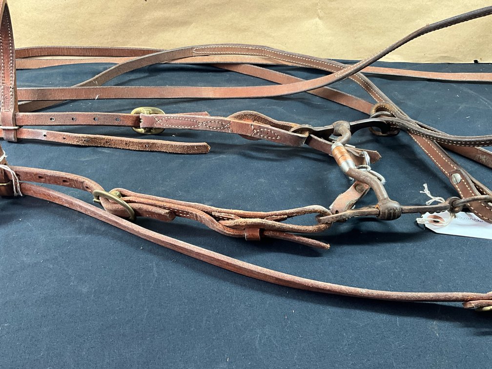 Unknown Maker Low Port Roller Hinged Shank Bit With Leather Headstall And Split Reins