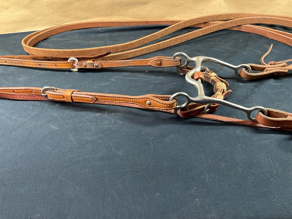 Unknown Maker Medium Port Solid Shanked Roller Bit With Leather Headstall And Split Reins