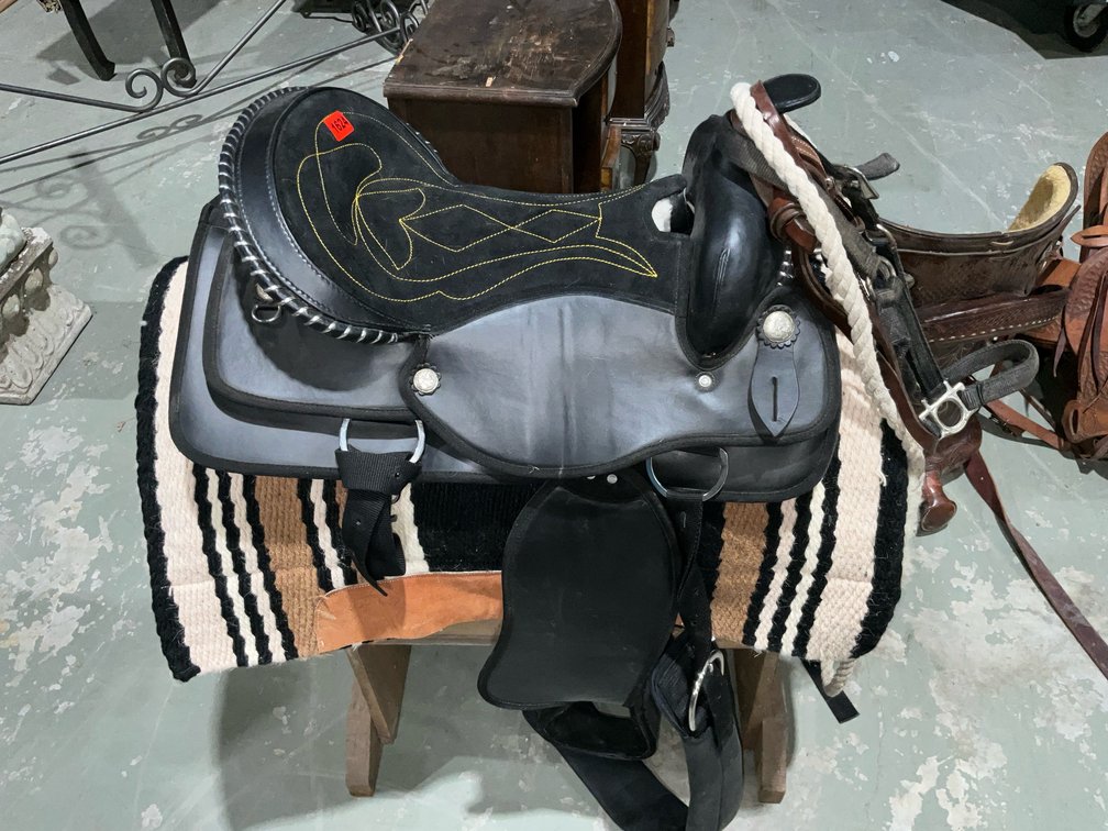 Black Synthetic Leather Style Western Saddle With Silver Tone Conchos With Pad, Halter, And Leather Headstall With A Mild Port Bit