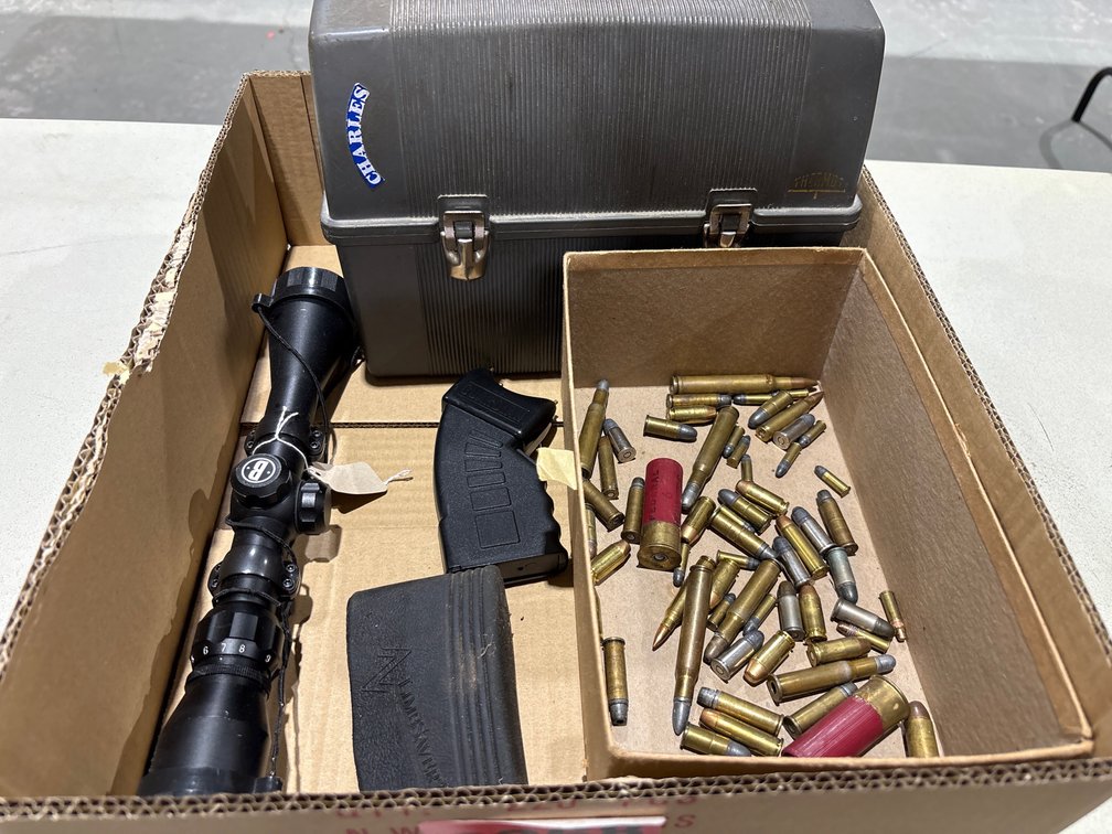 Bushnell Scope, Stun Gun, Assorted Ammo, Lunchbox, & Buttpad