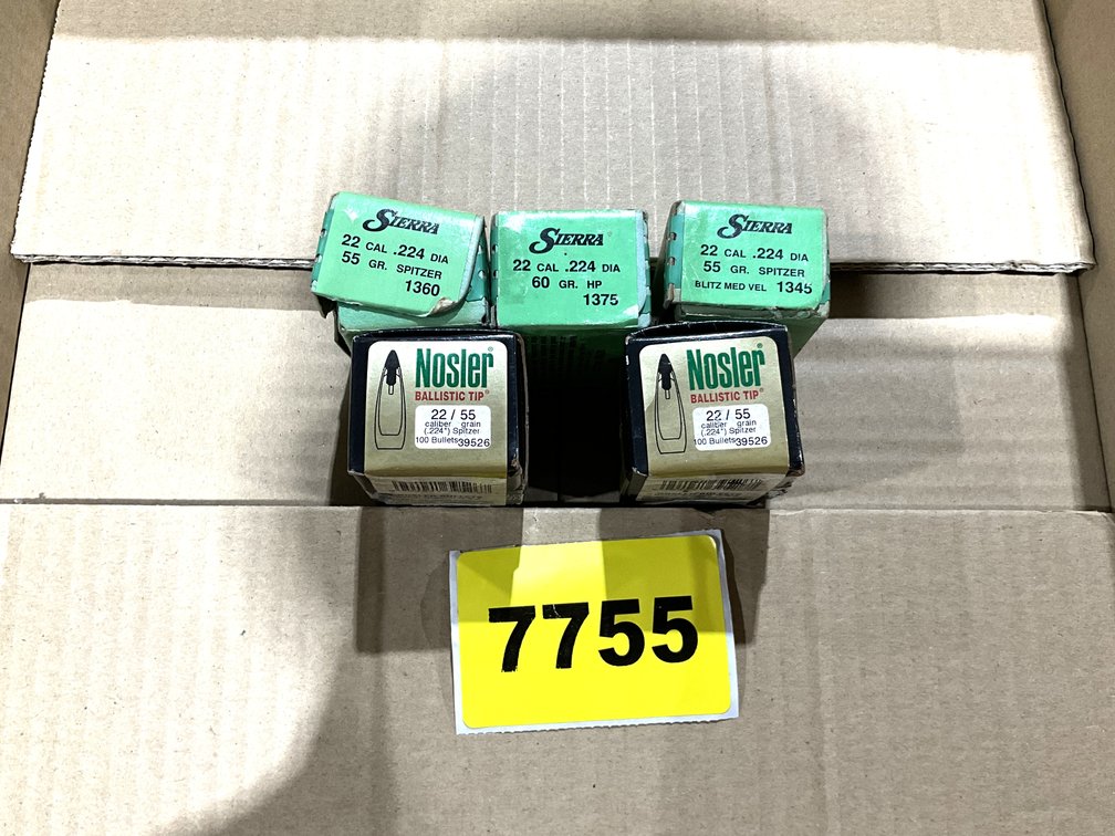 5-Boxes 22 Cal Bullets 55 & 60gr .224 Diam