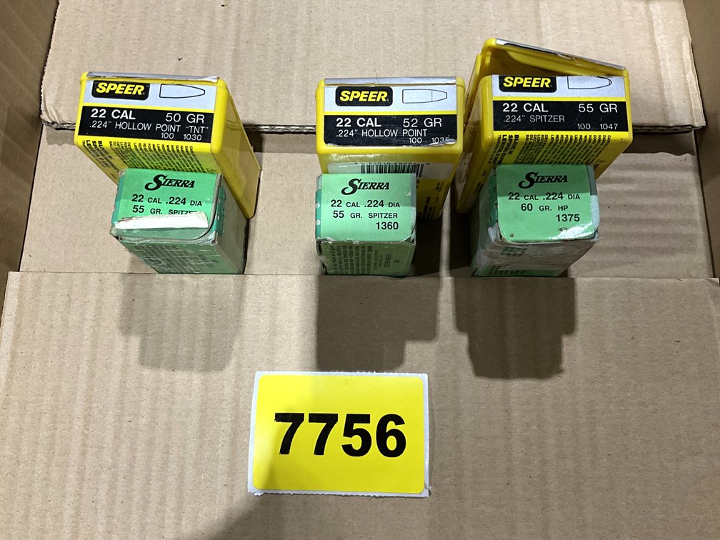 6-Boxes 22 Cal Bullets 50, 52, 55, 60gr .224 Diam
