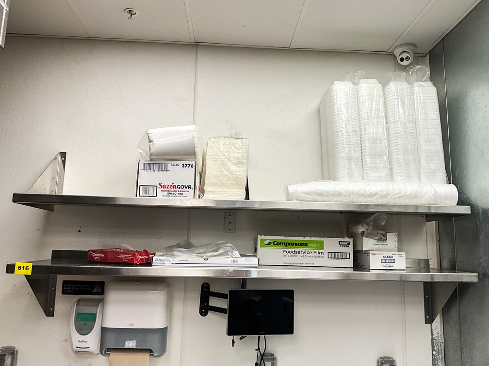 Two Stainless Wall Mount Shelves & Contents 